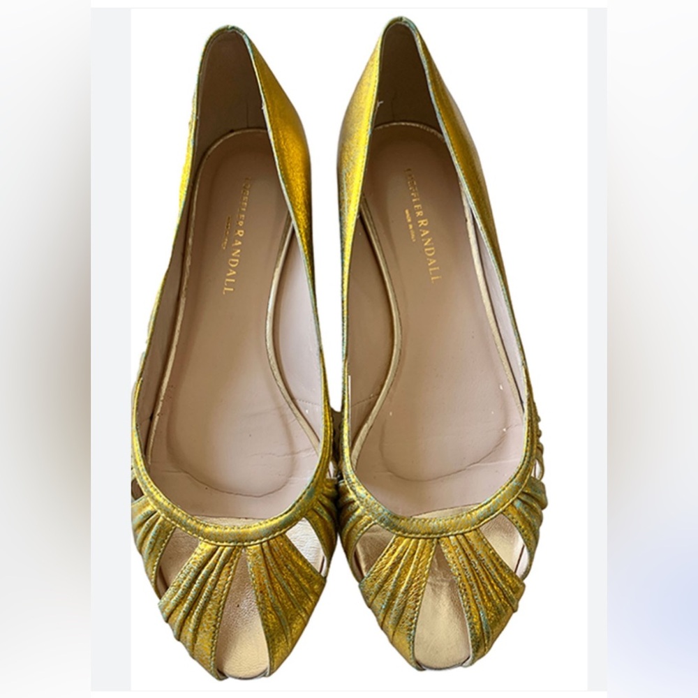 GUC Loeffler Randall Crackled Gold Metallic Peep Toe Flat